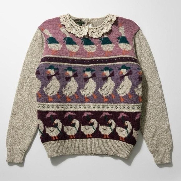 Eddie Bauer Sweaters - Eddie Bauer Rare VTG Wool Duck Sweater Lace Collar Cottagecore Coquette New S